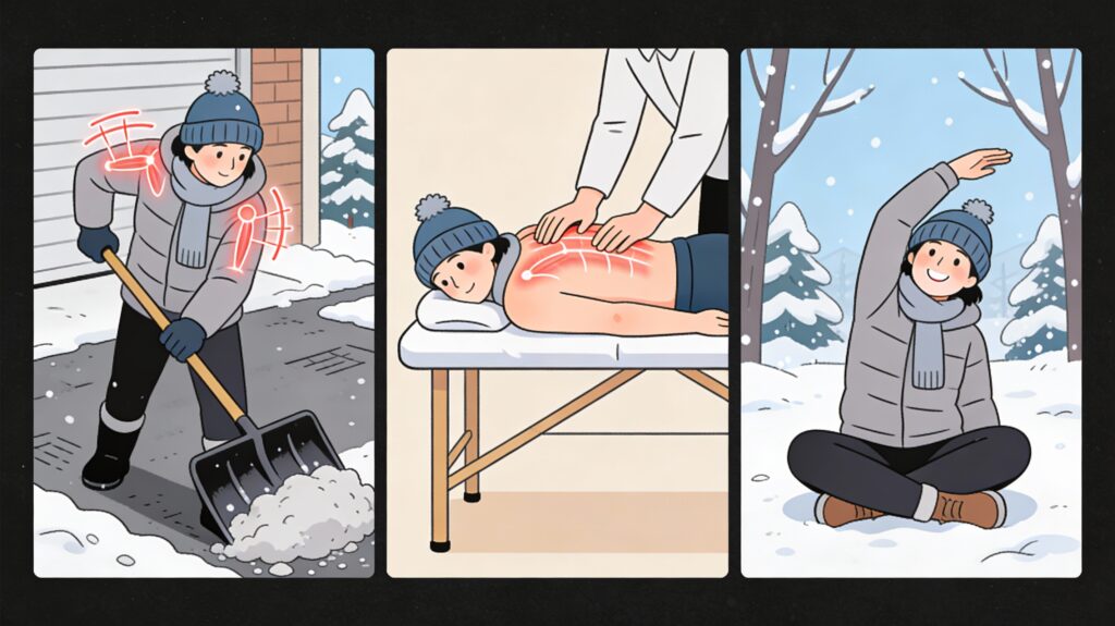animated image of a person shoveling snow, depicting muscles typically used, getting a massage, and performing some stretches.